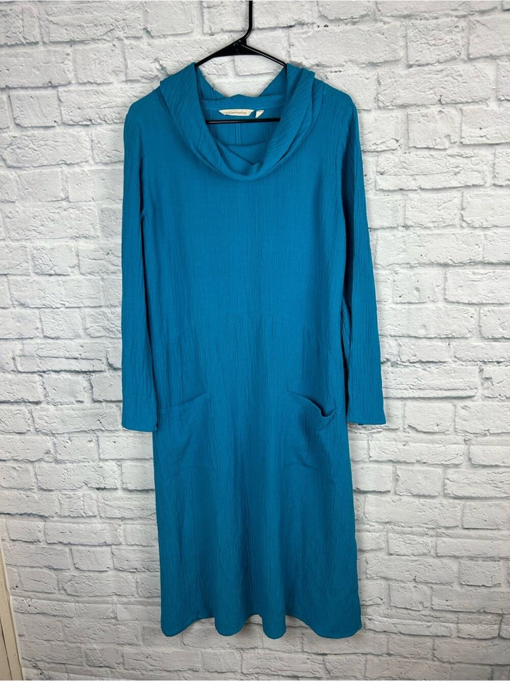 Soft Surroundings Teal Ramie Blend Dress Cowl Neck Pockets Roll Tab Sleeve M